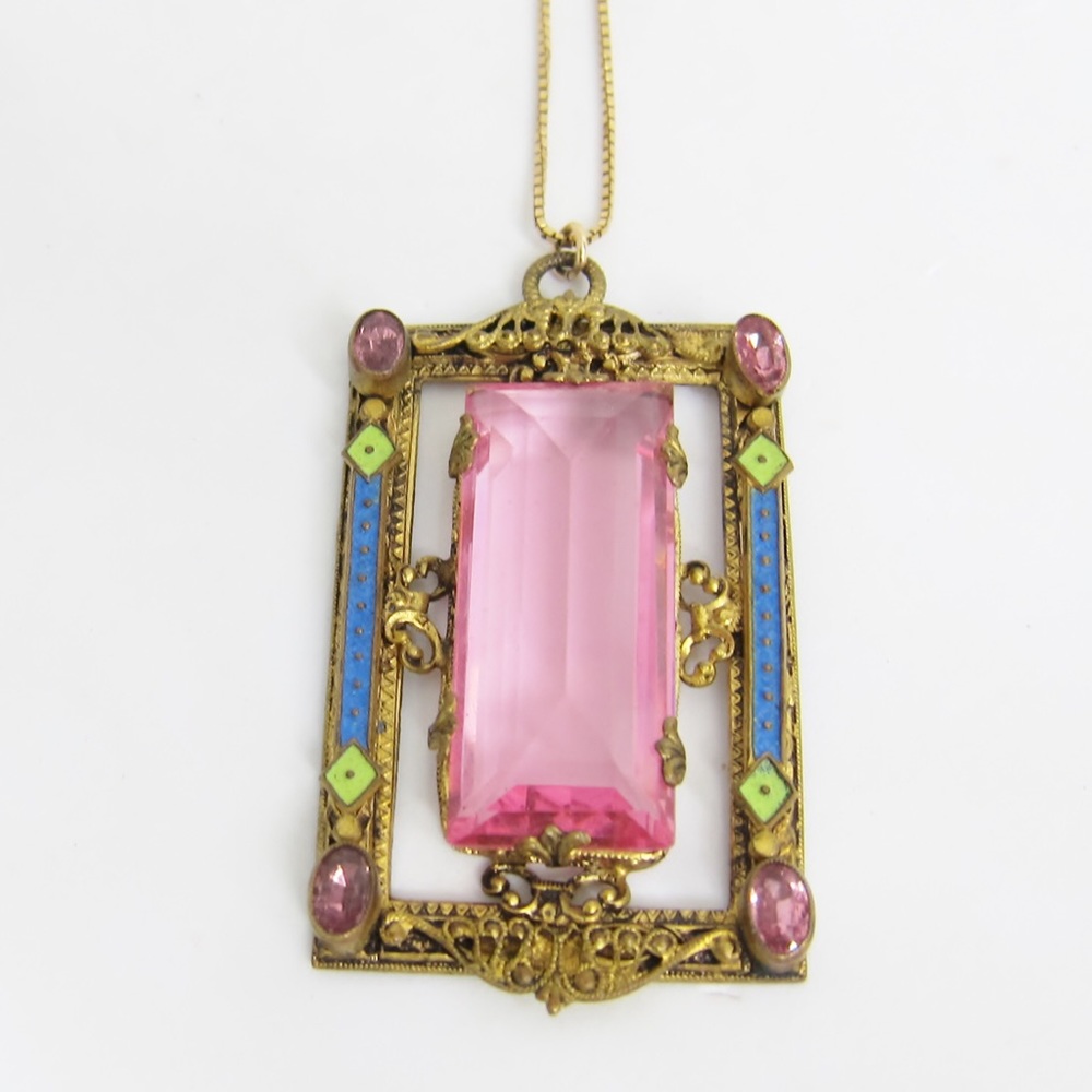 Antique Czech Pink Sapphire Pendant Necklace